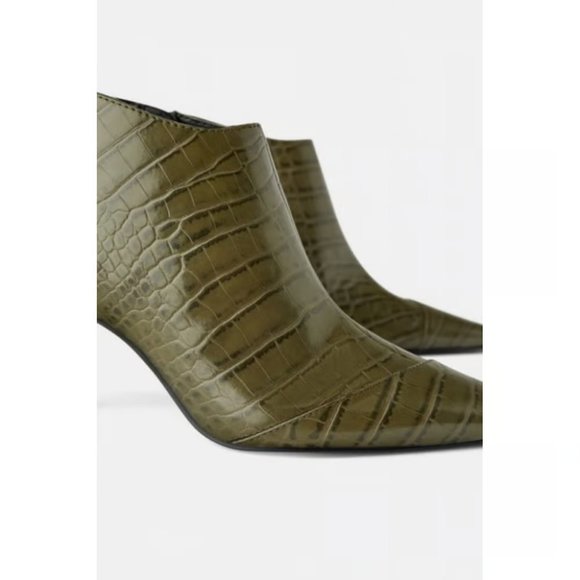 Zara Croc Print Embossed Heeled Olive Green Ankle Boot Booties, Sz EU 39 US 8 - Picture 3 of 13